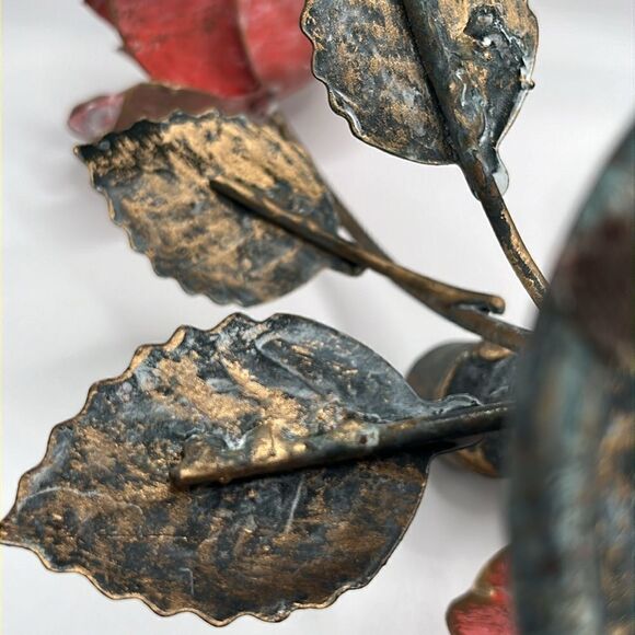 Metal Candle Holder Aged Welded Rustic Patina Pink Metallic Gold Roses w/ Leaves - Picture 16 of 17